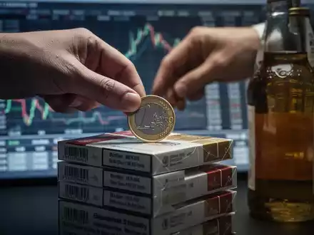Eine Hand legt eine Euromünze auf eine Stapel Zigarettenpackungen und eine Flasche Alkohol, im Hintergrund verschwommene Finanzdokumente. - Foto: über boerse-global.de