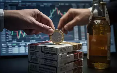 Eine Hand legt eine Euromünze auf eine Stapel Zigarettenpackungen und eine Flasche Alkohol, im Hintergrund verschwommene Finanzdokumente. - Foto: über boerse-global.de