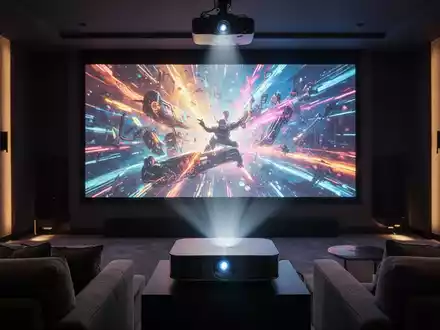Eleganter moderner Ultra-Kurzdistanzprojektor wirft lebendiges, scharfes 4K-Bild auf große Leinwand in stilvollem Heimkino. - Foto: über boerse-global.de