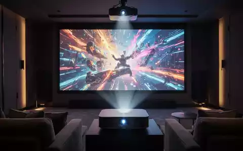 Eleganter moderner Ultra-Kurzdistanzprojektor wirft lebendiges, scharfes 4K-Bild auf große Leinwand in stilvollem Heimkino. - Foto: über boerse-global.de