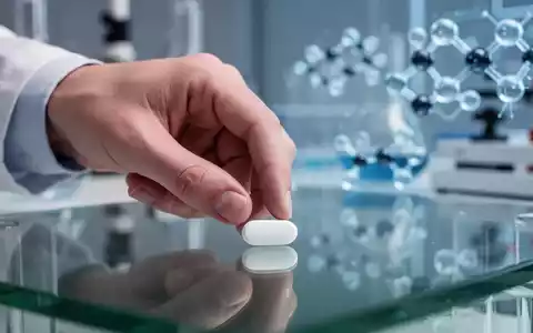 Eine Hand legt eine weiße, ovale Pille auf eine Glasfläche, im Hintergrund verschwommene Laborgeräte und molekulare Grafiken. - Foto: über boerse-global.de