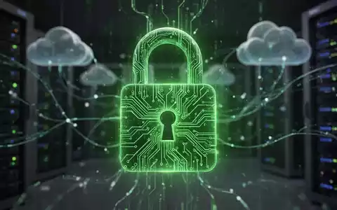 Ein leuchtendes, grünes digitales Vorhängeschloss mit Schaltkreis-Mustern schwebt über verschwommenen Cloud-Servern und Datenströmen. - Foto: über boerse-global.de