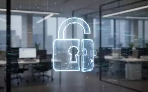 Ein stilisiertes, leuchtendes digitales Vorhängeschloss-Symbol über einem verschwommenen modernen Büro, das Datenschutzreformen darstellt. - Foto: über boerse-global.de