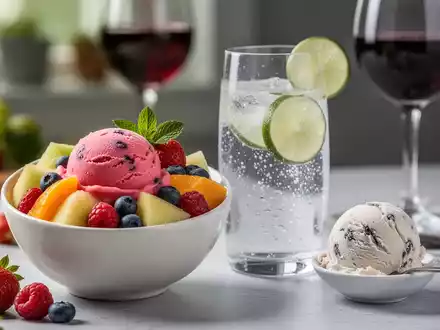 Eine Nahaufnahme von gesunden Lebensmitteltausch-Optionen: farbiges Sorbet und Wasser mit Limette im Vordergrund, mit Eis und Wein unscharf im Hintergrund. - Foto: über boerse-global.de