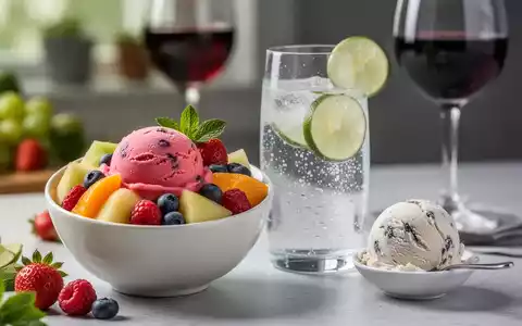 Eine Nahaufnahme von gesunden Lebensmitteltausch-Optionen: farbiges Sorbet und Wasser mit Limette im Vordergrund, mit Eis und Wein unscharf im Hintergrund. - Foto: über boerse-global.de