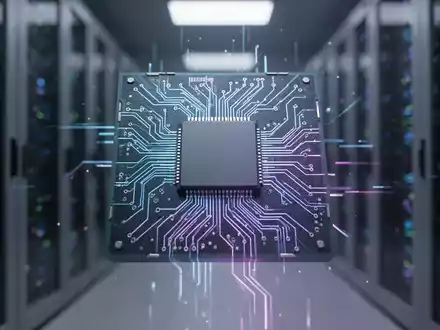 Nahaufnahme eines futuristischen Computerchips mit leuchtenden Schaltkreisen vor verschwommenen Serverracks. - Foto: über boerse-global.de