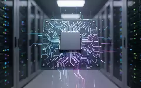 Nahaufnahme eines futuristischen Computerchips mit leuchtenden Schaltkreisen vor verschwommenen Serverracks. - Foto: über boerse-global.de