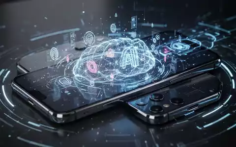 Nahaufnahme eines futuristischen Smartphones mit leuchtendem Bildschirm, der abstrakte KI-Grafiken zeigt, Symbol für moderne Technik und Funktionseinschränkungen. - Foto: über boerse-global.de