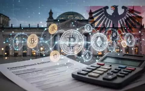 Ein stilisiertes Blockchain-Netzwerk mit Kryptowährungssymbolen, überlagert von einem unscharfen Steuerdokument und dem deutschen Bundestag im Hintergrund. - Foto: über boerse-global.de