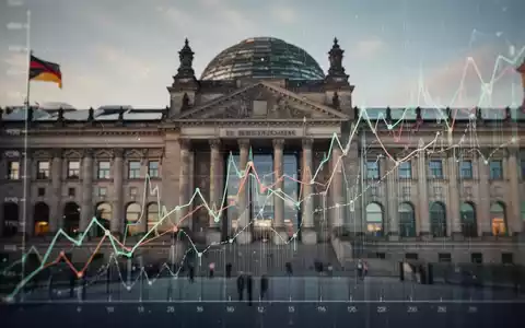 Abstrakte Darstellung von Finanzgrafiken, die steigende und fallende Trends zeigen, mit einem unscharfen Parlament im Hintergrund. - Foto: über boerse-global.de