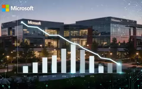 Stilisierte Balkendiagramm mit starkem Rückgang, überlagert mit dezenten digitalen KI-Elementen, vor verschwommenem Microsoft-Campus in der Abenddämmerung. - Foto: über boerse-global.de