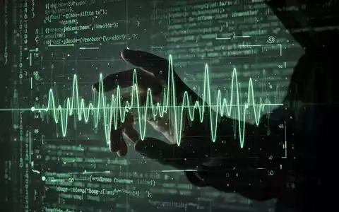 Eine schattenhafte Hand manipuliert digitale Sprachwellen auf einer holografischen Oberfläche, umgeben von KI-Codezeilen. - Foto: über boerse-global.de