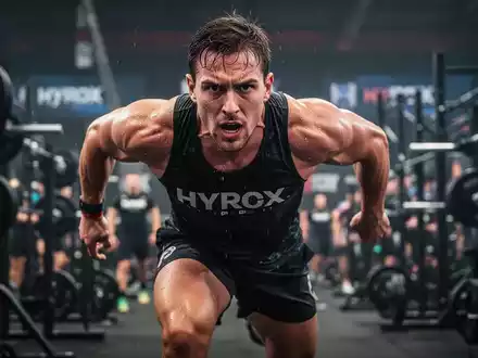 Ein muskulöser Athlet in Aktion während eines Hyrox-Wettbewerbs, sichtbar erschöpft, aber fokussiert, umgeben von Fitnessgeräten. - Foto: über boerse-global.de