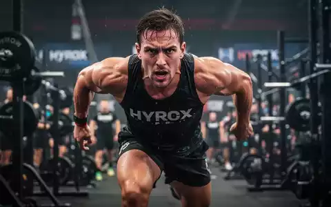 Ein muskulöser Athlet in Aktion während eines Hyrox-Wettbewerbs, sichtbar erschöpft, aber fokussiert, umgeben von Fitnessgeräten. - Foto: über boerse-global.de