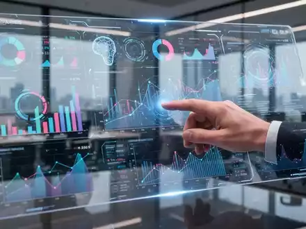 Ein futuristisches Finanz-Dashboard mit Echtzeit-Datenvisualisierungen und einer Hand, die eine transparente Bildschirmoberfläche bedient. - Foto: über boerse-global.de
