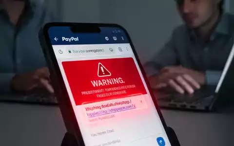 Nahaufnahme eines Smartphone-Bildschirms mit betrügerischer PayPal-E-Mail, Warnmeldung und Phishing-Link. - Foto: über boerse-global.de