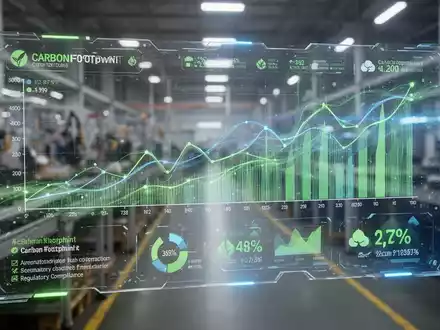 Eine digitale Anzeige mit Graphen und Daten zum CO2-Fußabdruck überlagert eine verschwommene Fabrikhalle, symbolisiert Automatisierung und Nachhaltigkeit. - Foto: über boerse-global.de