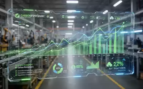 Eine digitale Anzeige mit Graphen und Daten zum CO2-Fußabdruck überlagert eine verschwommene Fabrikhalle, symbolisiert Automatisierung und Nachhaltigkeit. - Foto: über boerse-global.de