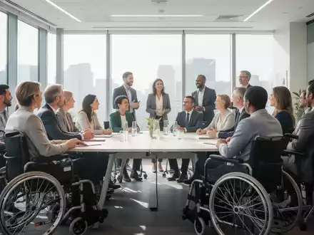 Eine Gruppe von Menschen, darunter einige im Rollstuhl, bei einer Konferenz, die sich austauschen und diskutieren. - Foto: über boerse-global.de