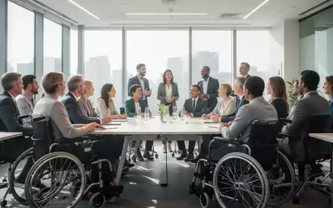 Eine Gruppe von Menschen, darunter einige im Rollstuhl, bei einer Konferenz, die sich austauschen und diskutieren. - Foto: über boerse-global.de
