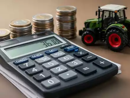 Ein Taschenrechner zeigt Zahlen an, mit einem Stapel Euro-Münzen und einem Modelltraktor im Hintergrund, der finanzielle Veränderungen andeutet. - Foto: über boerse-global.de