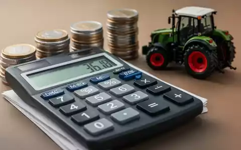 Ein Taschenrechner zeigt Zahlen an, mit einem Stapel Euro-Münzen und einem Modelltraktor im Hintergrund, der finanzielle Veränderungen andeutet. - Foto: über boerse-global.de