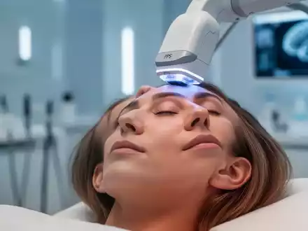 Nahaufnahme einer Patientin, die eine transkranielle Pulsstimulation (TPS) erhält. Ein medizinisches Gerät berührt sanft die Kopfhaut. - Foto: über boerse-global.de