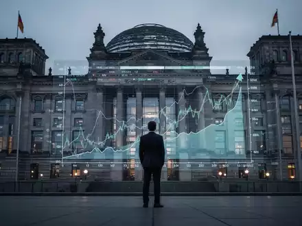 Ein Mann im Anzug steht vor einem großen Bildschirm mit Finanzdiagrammen, der eine angespannte Haushaltslage symbolisiert. - Foto: über boerse-global.de
