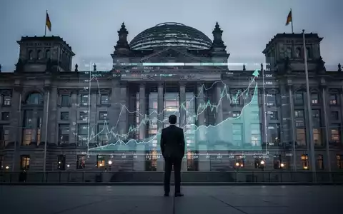 Ein Mann im Anzug steht vor einem großen Bildschirm mit Finanzdiagrammen, der eine angespannte Haushaltslage symbolisiert. - Foto: über boerse-global.de