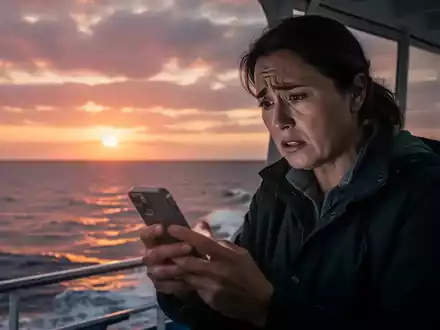 Eine Person auf einem Boot blickt besorgt auf ihr Smartphone, im Hintergrund ein dramatischer Sonnenuntergang über dem Meer. - Foto: über boerse-global.de