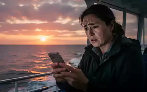 Eine Person auf einem Boot blickt besorgt auf ihr Smartphone, im Hintergrund ein dramatischer Sonnenuntergang über dem Meer. - Foto: über boerse-global.de