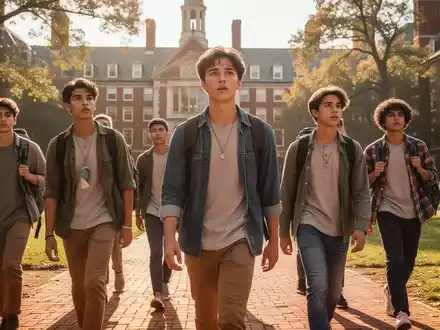 Junge, ehrgeizige Studenten gehen über einen historischen Ivy League Campus. Fokus auf Entschlossenheit und intellektuelle Neugier. - Foto: über boerse-global.de