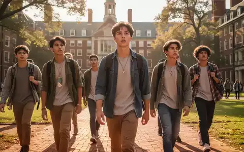 Junge, ehrgeizige Studenten gehen über einen historischen Ivy League Campus. Fokus auf Entschlossenheit und intellektuelle Neugier. - Foto: über boerse-global.de