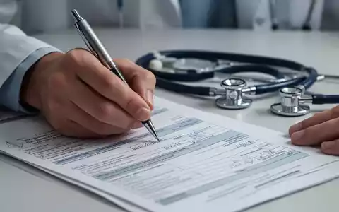 Nahaufnahme einer Hand, die auf ein medizinisches Formular schreibt, im Hintergrund ein Stethoskop. Symbolisiert Bürokratie im Gesundheitswesen. - Foto: über boerse-global.de