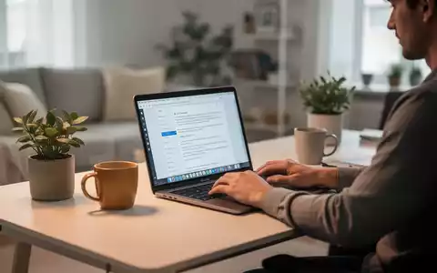 Eine Person arbeitet an einem Laptop in einem modernen Homeoffice. Auf dem Schreibtisch stehen eine Tasse und eine Pflanze. - Foto: über boerse-global.de
