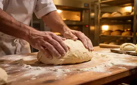 HĂ€nde eines BĂ€ckers beim Kneten von Teig auf einer HolzoberflĂ€che in einer warm beleuchteten BĂ€ckerei. - Foto: ĂŒber boerse-global.de