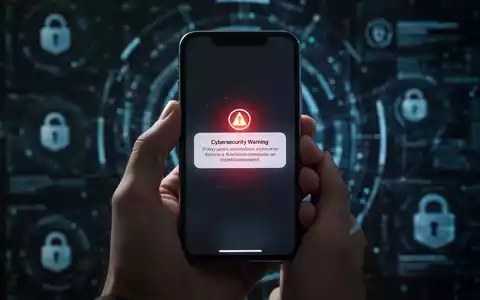 Hand, die ein iPhone mit einer Sicherheitswarnung hält, abstrakte digitale Sicherheitselemente im Hintergrund. - Foto: über boerse-global.de