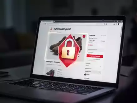 Nahaufnahme eines Laptop-Bildschirms mit einem gefälschten Online-Shop und einem digitalen Vorhängeschloss als Warnsymbol. - Foto: über boerse-global.de