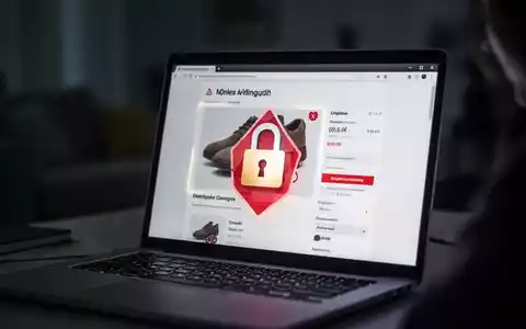 Nahaufnahme eines Laptop-Bildschirms mit einem gefälschten Online-Shop und einem digitalen Vorhängeschloss als Warnsymbol. - Foto: über boerse-global.de