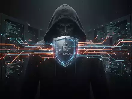 Digitale Firewall mit Datenströmen, überlagert von einer schattenhaften Figur, symbolisiert einen Cyberangriff auf Regierungssysteme. - Foto: über boerse-global.de