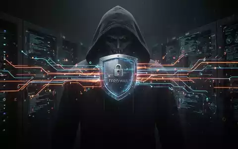 Digitale Firewall mit Datenströmen, überlagert von einer schattenhaften Figur, symbolisiert einen Cyberangriff auf Regierungssysteme. - Foto: über boerse-global.de