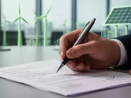 Eine Hand unterschreibt ein Finanzdokument, im Hintergrund verschwommen moderne Büro- und grüne Energiemotive. - Foto: über boerse-global.de