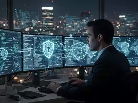 Ein Cybersicherheitsexperte prüft digitale Bedrohungen auf mehreren Bildschirmen, mit Datenflüssen und unscharfem Stadt-Hintergrund. - Foto: über boerse-global.de