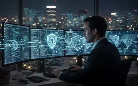 Ein Cybersicherheitsexperte prüft digitale Bedrohungen auf mehreren Bildschirmen, mit Datenflüssen und unscharfem Stadt-Hintergrund. - Foto: über boerse-global.de