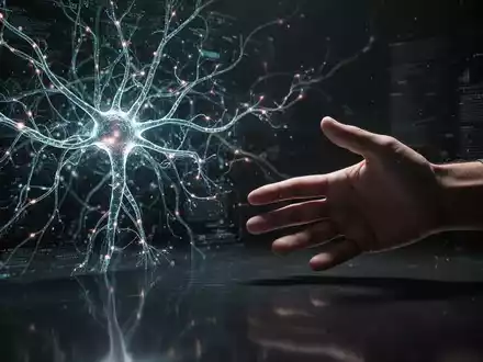 Ein Schattenbild einer künstlichen Intelligenz mit leuchtenden Netzwerken und einer vorsichtig ausgestreckten menschlichen Hand. - Foto: über boerse-global.de
