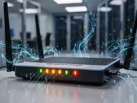 Ein moderner Router mit leuchtenden Anzeigen und stilisierten Datenströmen, die Datenregulierung und Technologie darstellen. - Foto: über boerse-global.de