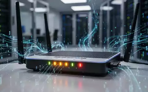 Ein moderner Router mit leuchtenden Anzeigen und stilisierten Datenströmen, die Datenregulierung und Technologie darstellen. - Foto: über boerse-global.de