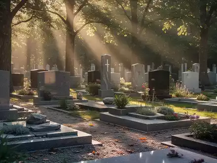 Eine ruhige Friedhofsszene mit modernen Grabsteinen und grünen Pflanzen. Sonnenlicht fällt durch Bäume auf den Boden. - Foto: über boerse-global.de