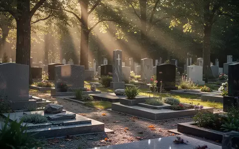 Eine ruhige Friedhofsszene mit modernen Grabsteinen und grünen Pflanzen. Sonnenlicht fällt durch Bäume auf den Boden. - Foto: über boerse-global.de