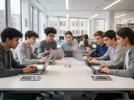 Eine Gruppe von Promovierenden arbeitet kollaborativ an Laptops und Tablets in einem modernen Schreibzentrum mit viel Tageslicht. - Foto: über boerse-global.de